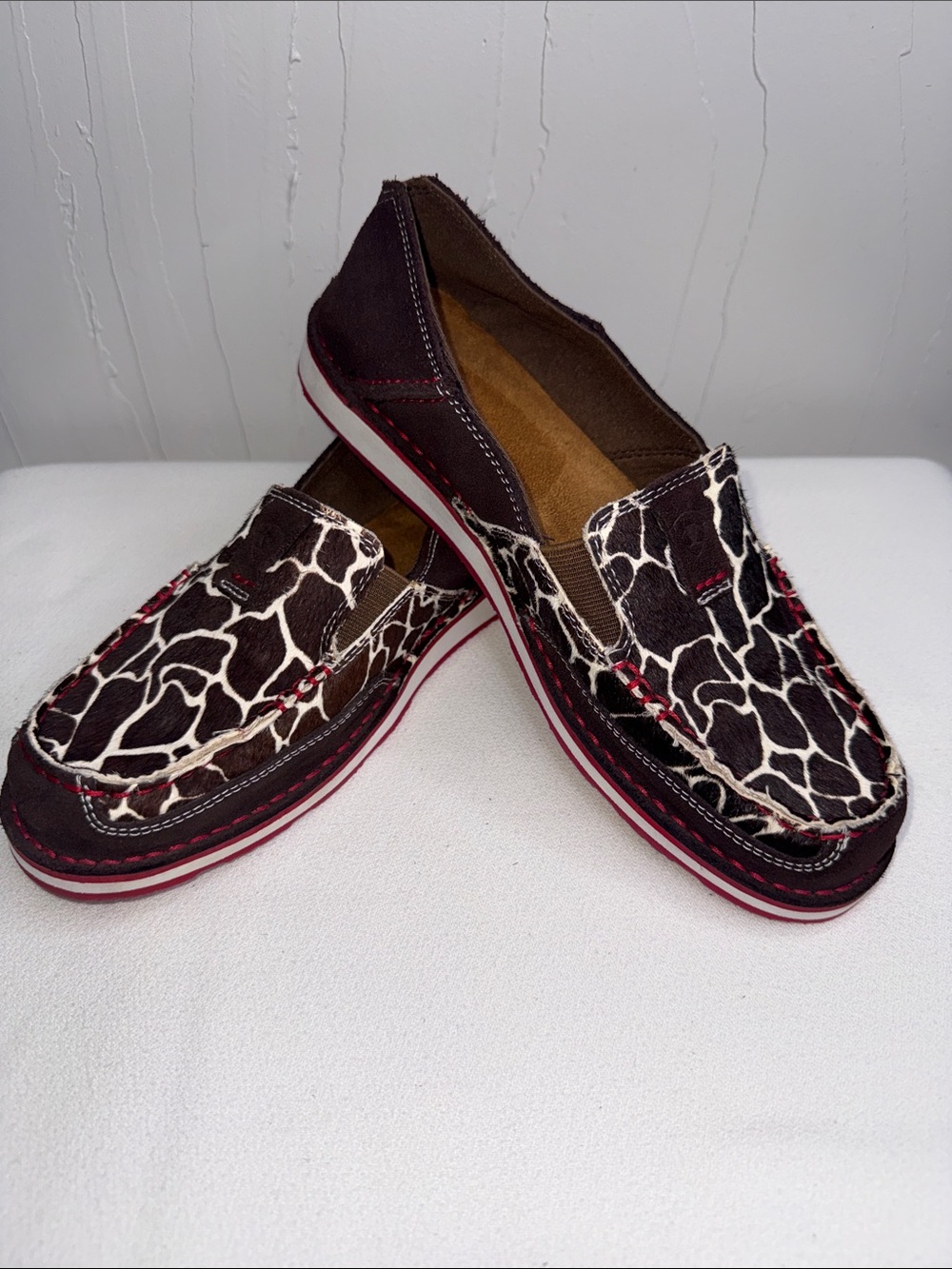Ariat Women's Cruiser Brown and White Giraffe-Print SlipOn Loafers Red Stitching